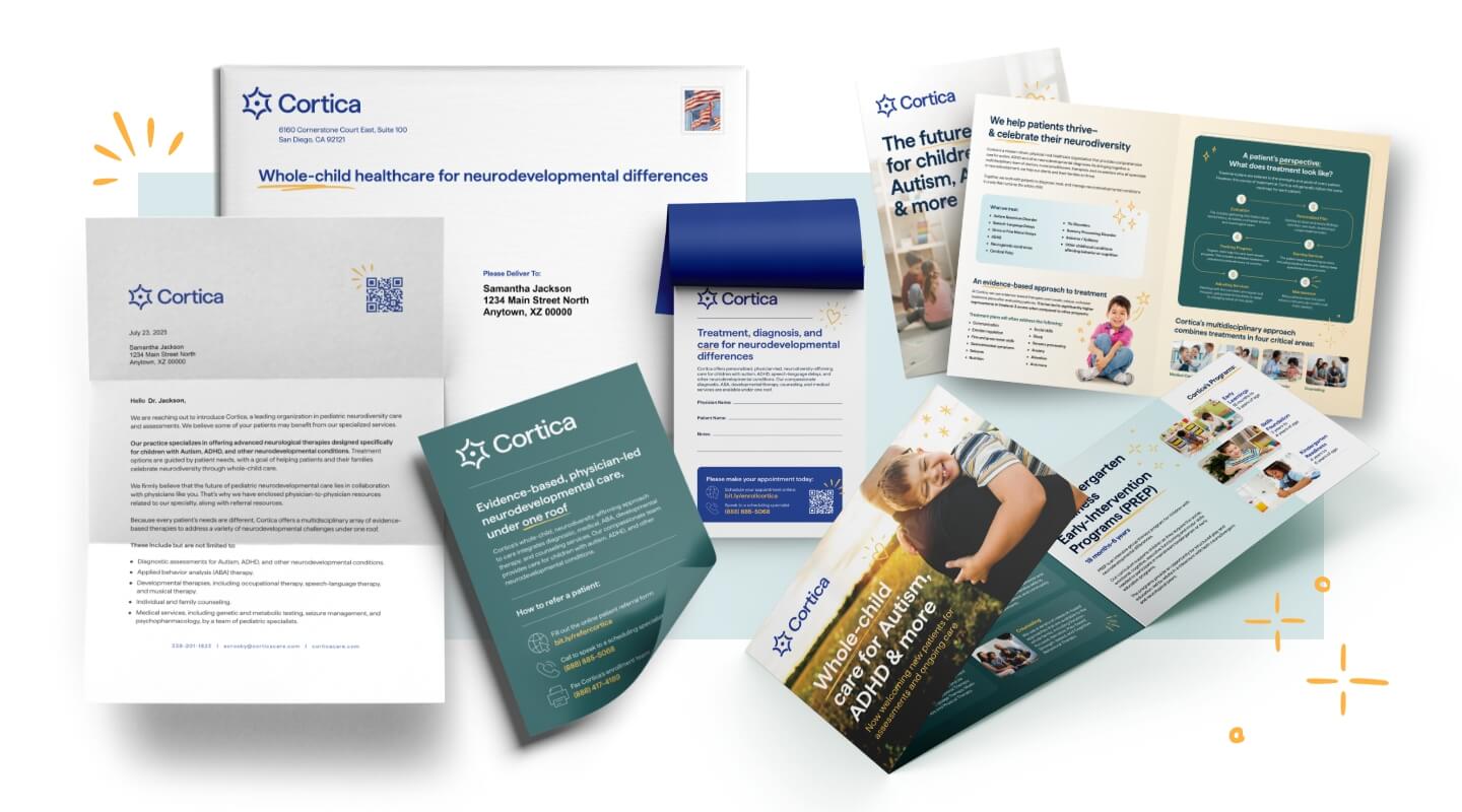 Marketing materials for Cortica, a healthcare provider for neurodevelopmental differences, including brochures, letters, and educational materials in a clean and modern design.