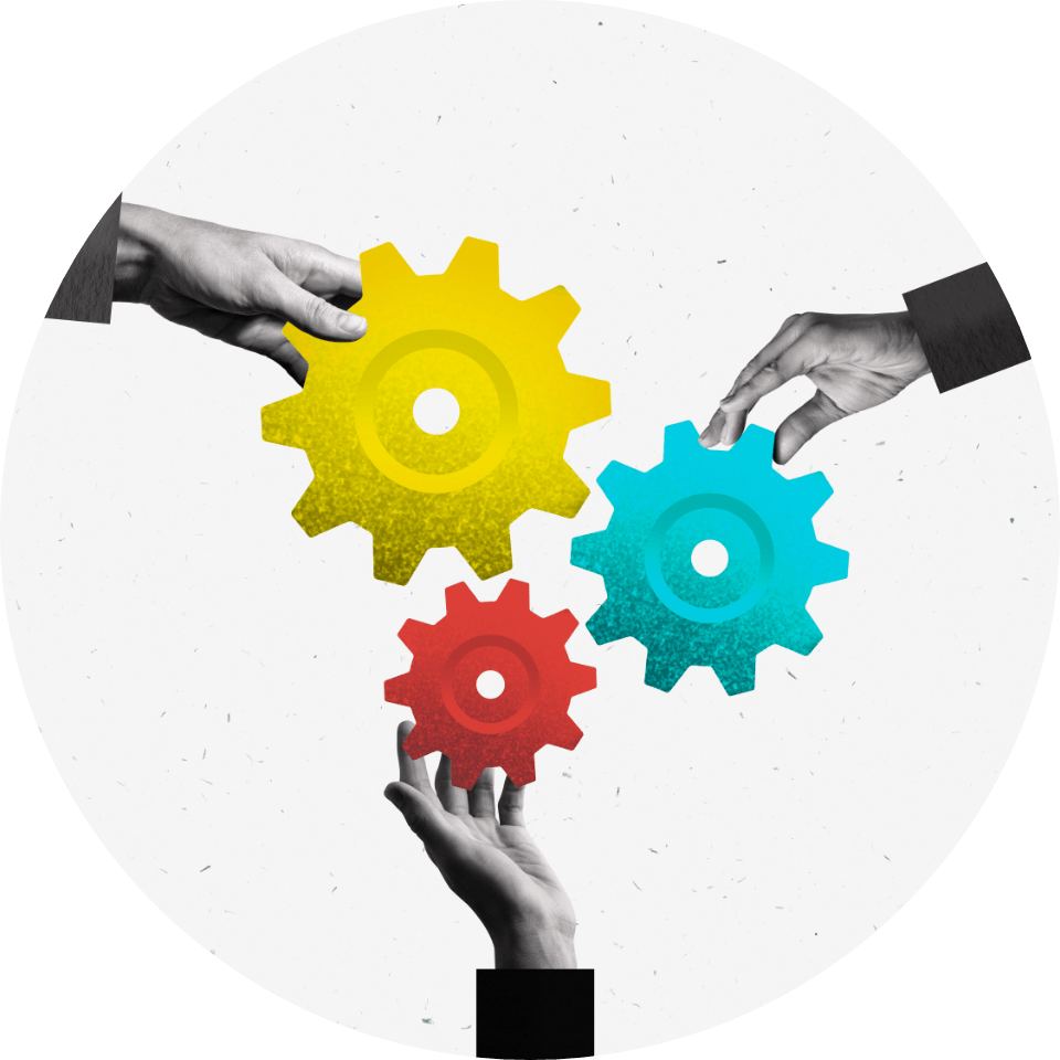 Three hands connecting colorful gears to represent collaboration and partnership.
