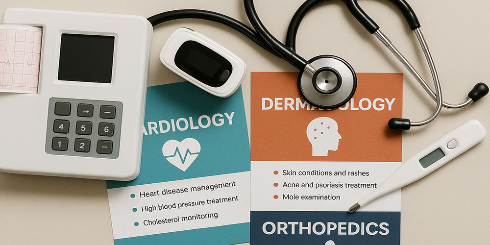 Medical equipment with cardiology and dermatology informational flyers for patient care.