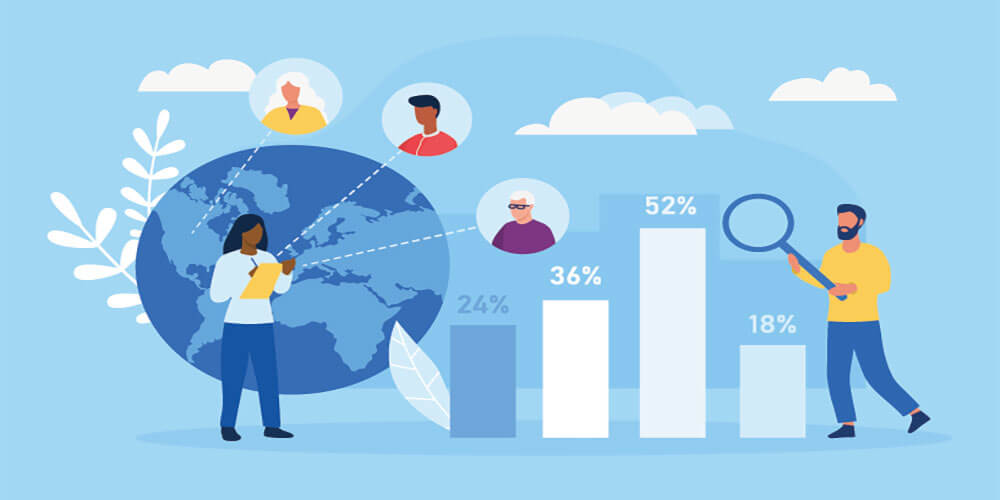 Illustration of nonprofit marketers analyzing global donor segmentation data, with bar graphs showing audience percentages and avatar icons representing diverse donor profiles across different regions